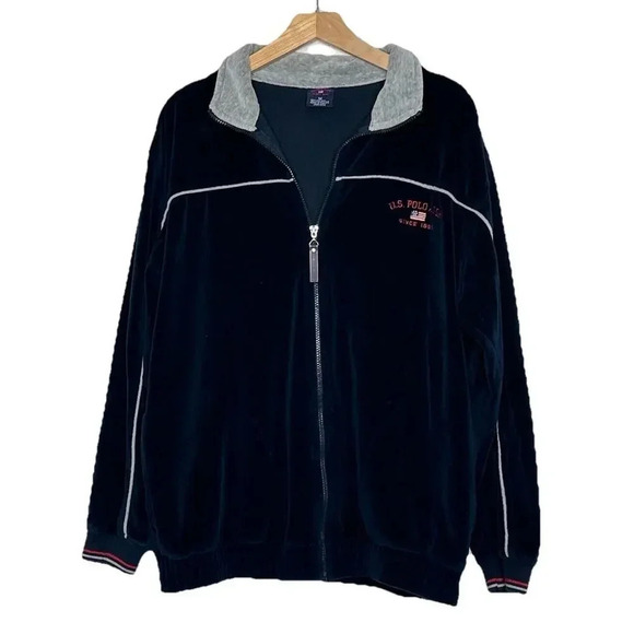 Vintage U.S. POLO ASSN. Blue Gray Velour Zip Up Logo Jacket Embroidery Flag Sz M - Picture 1 of 9